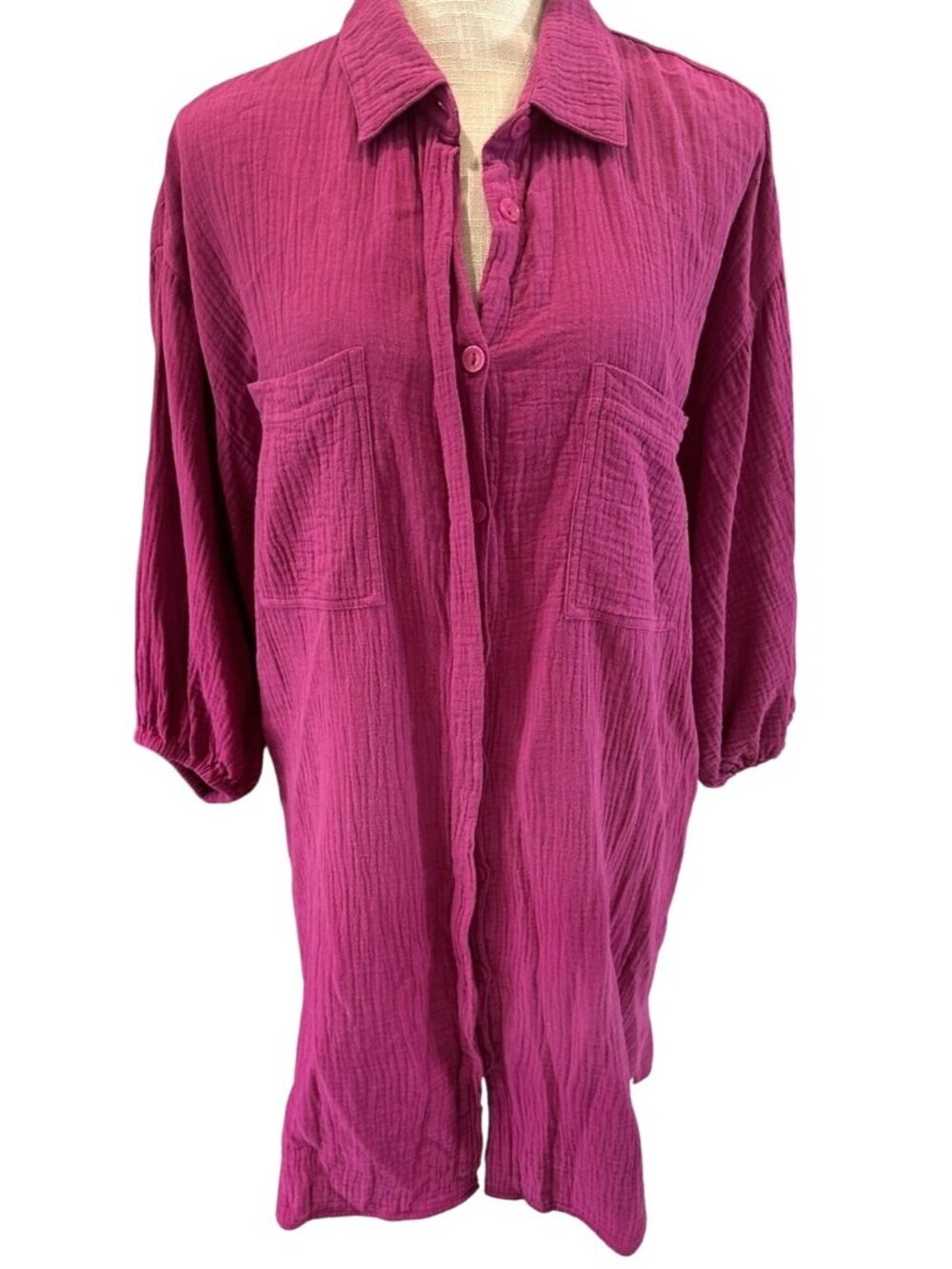YFB Womens Crinkled Cotton Button-Down Shirt Dress Pockets Lightweight Size S